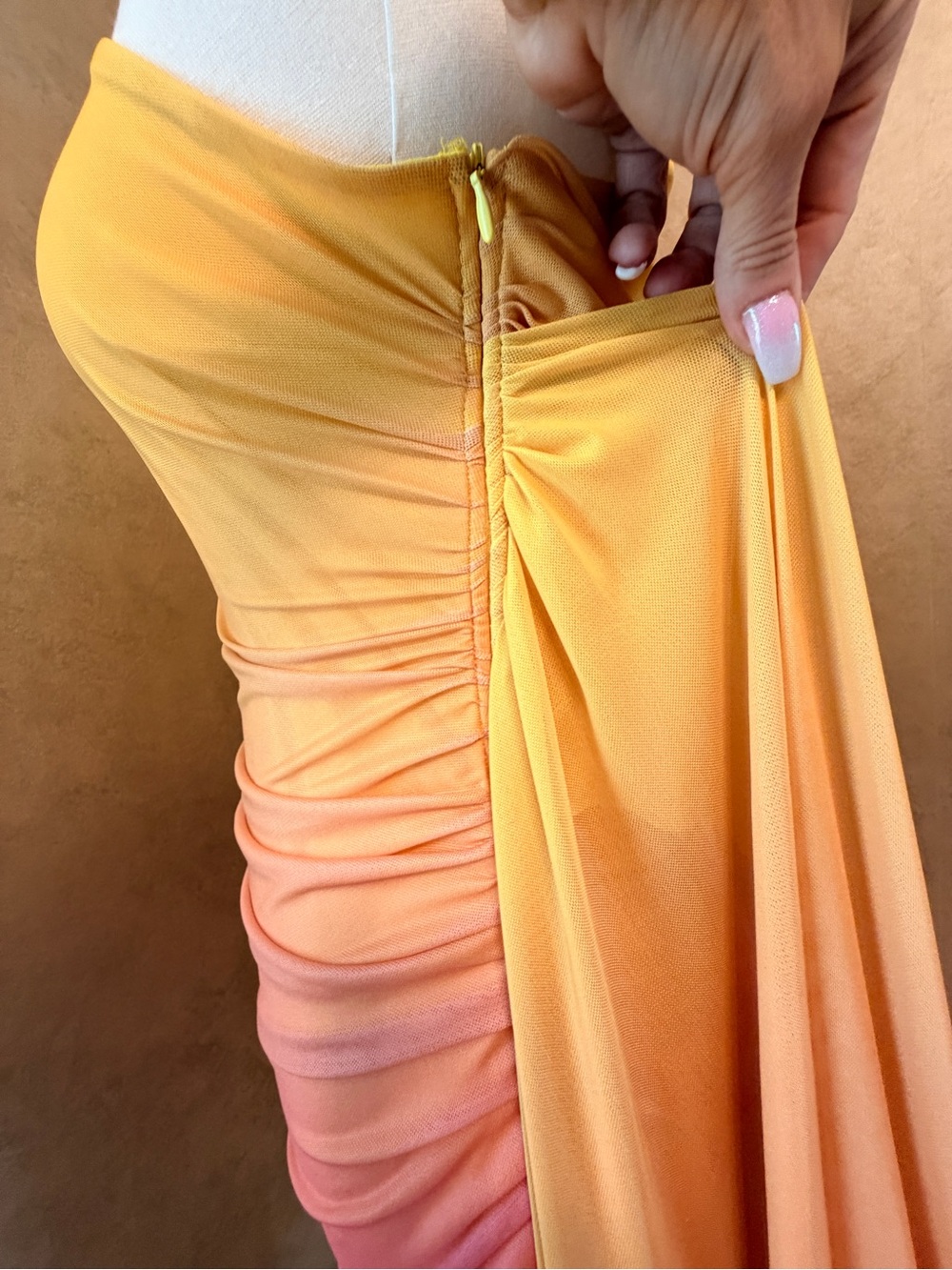 SHEIN Yellow to Pink Ombre One-Shoulder Ruched Mini Dress - Picture 6 of 7